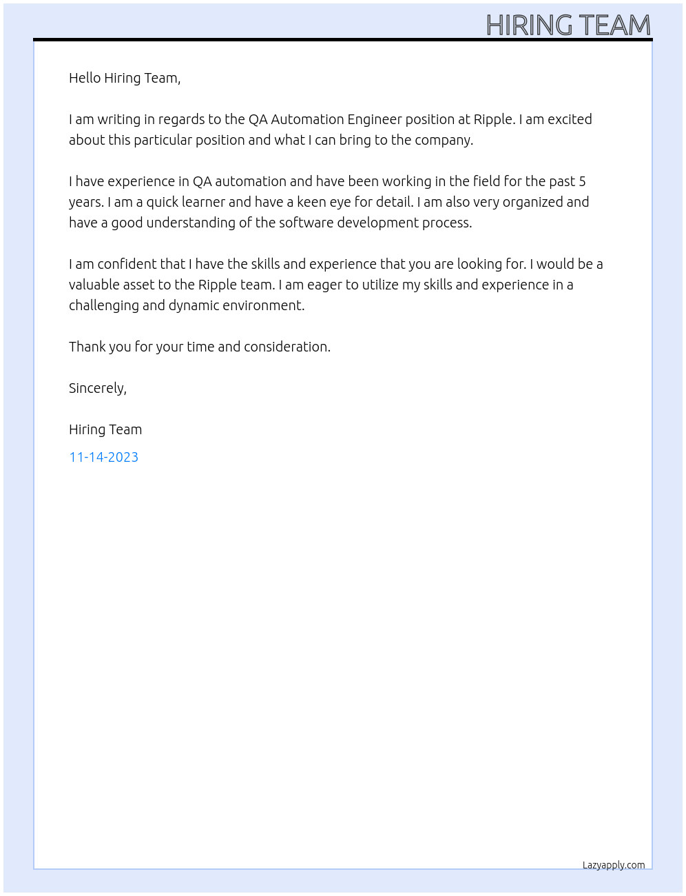 QA Automation Engineer  At Ripple Cover Letter