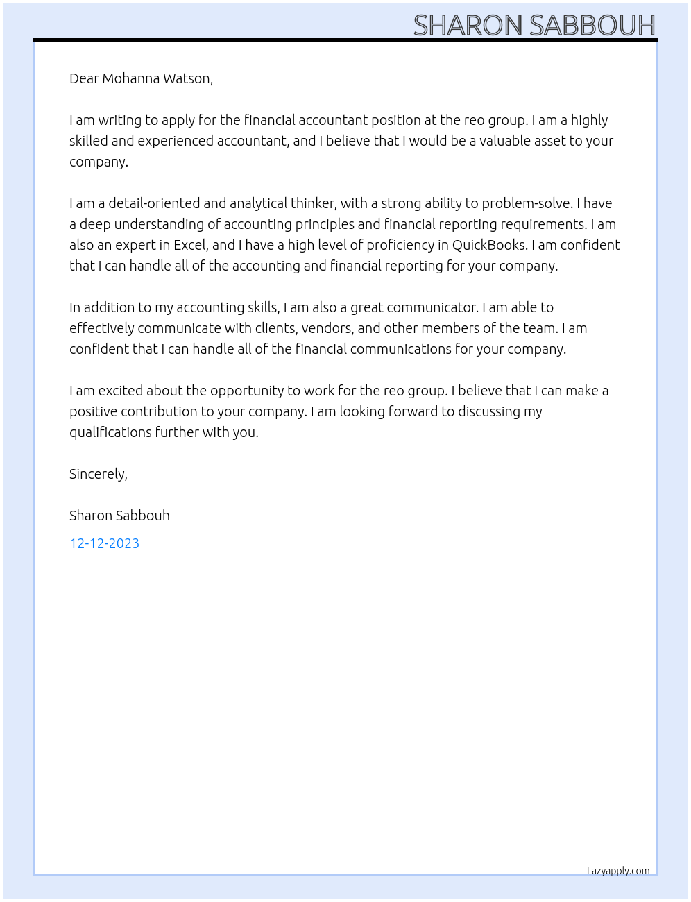 financial accountant At reo group Cover Letter