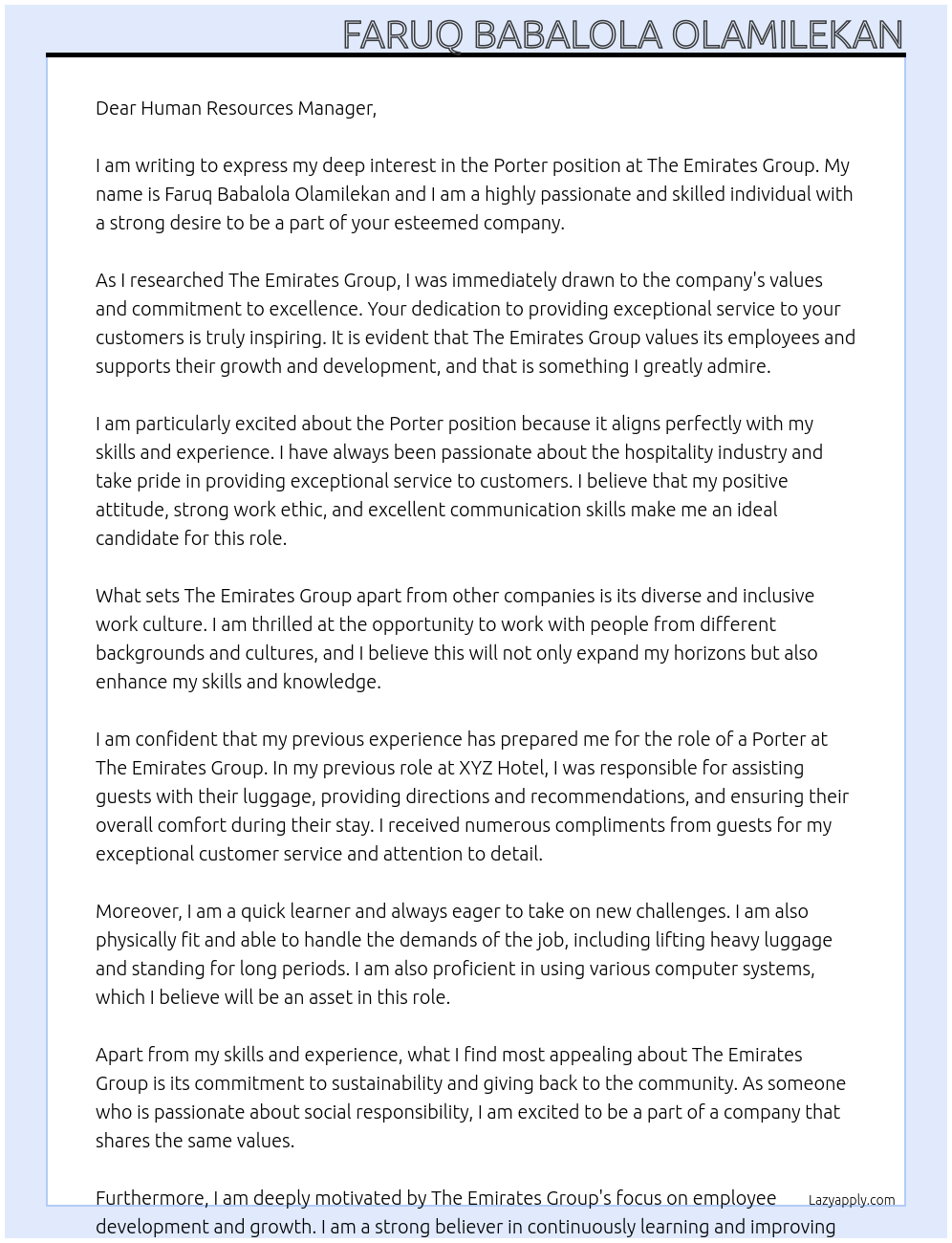 porter At The Emirates Group Cover Letter