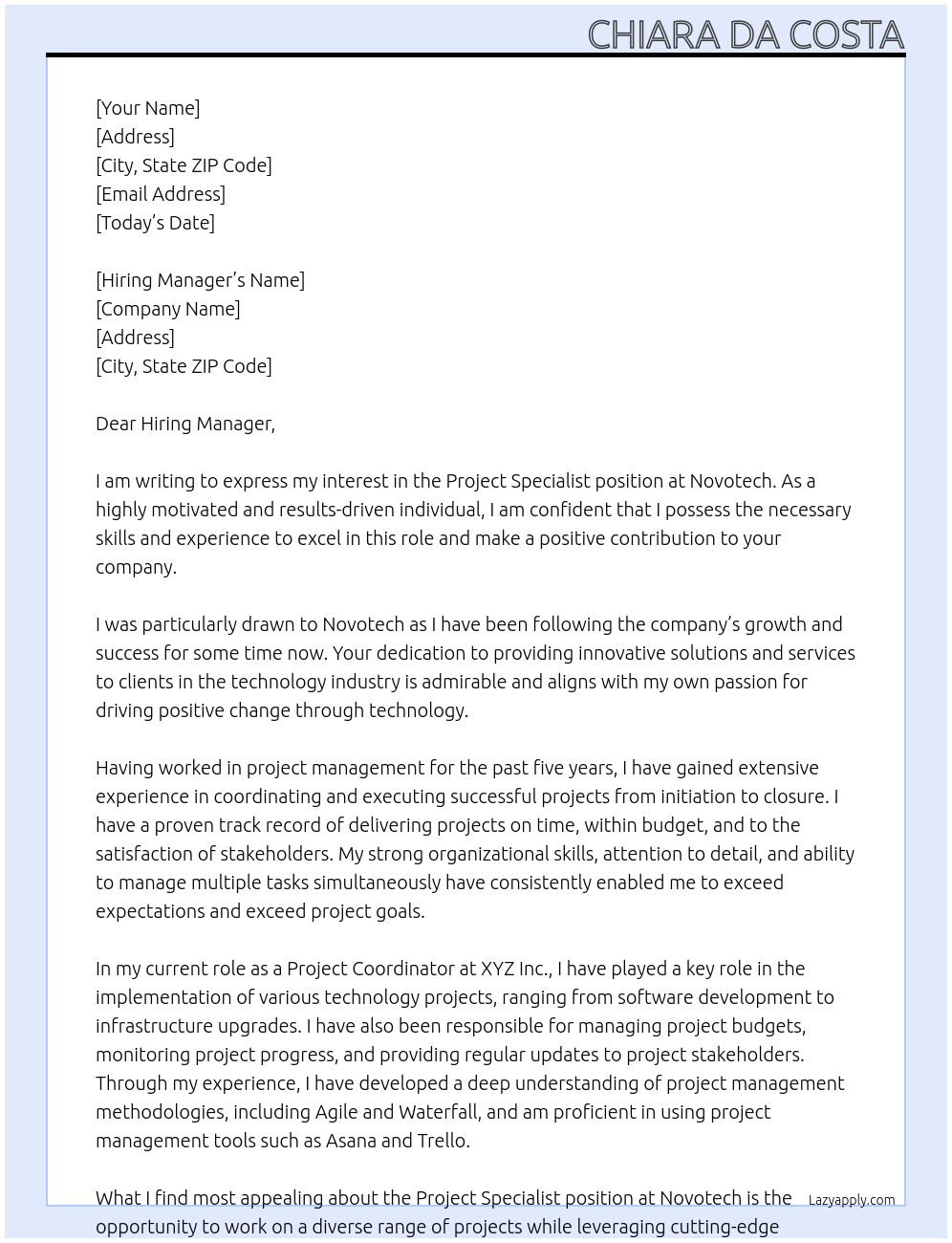 Project Specialist At Novotech Cover Letter