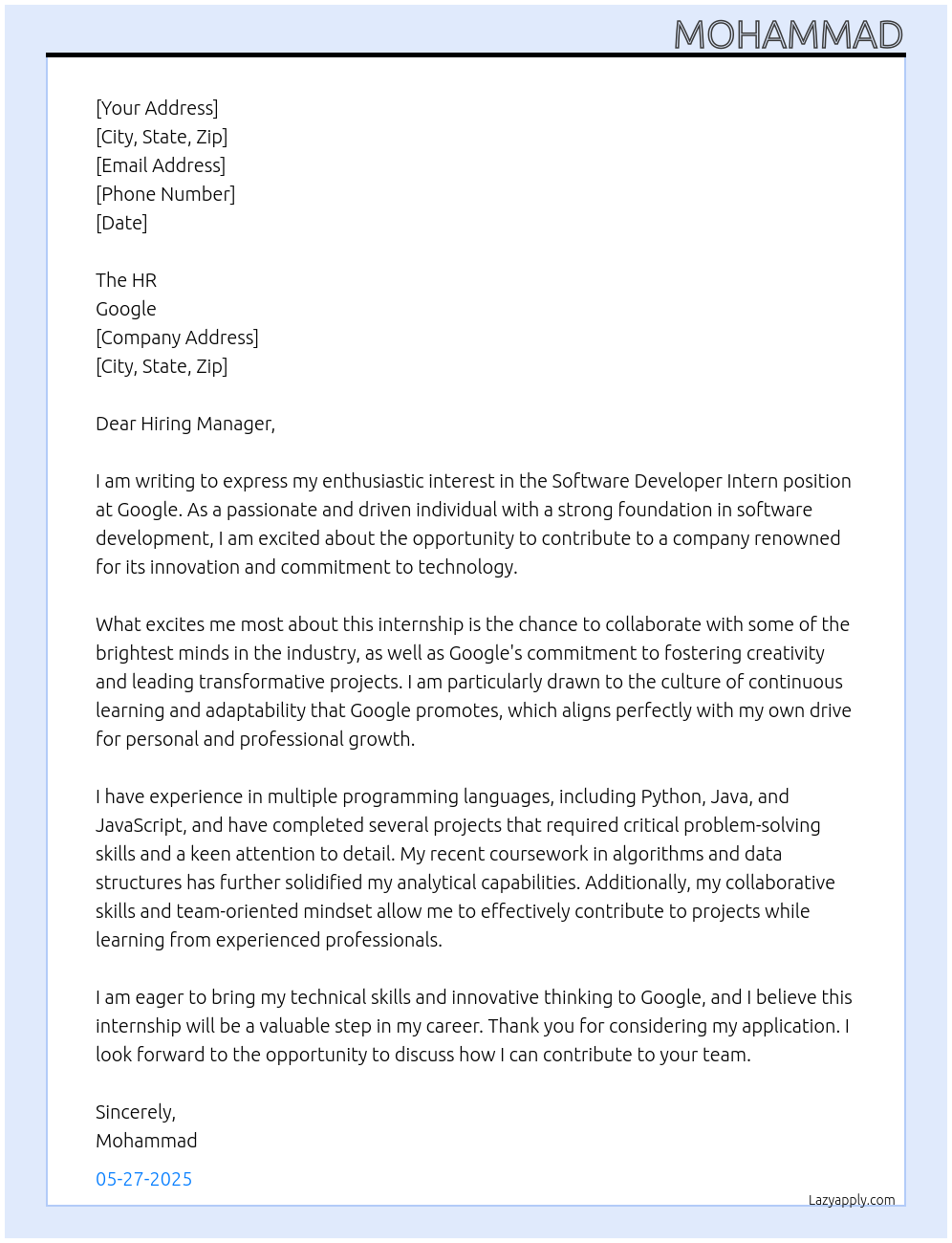 Software developer Intern At Google Cover Letter