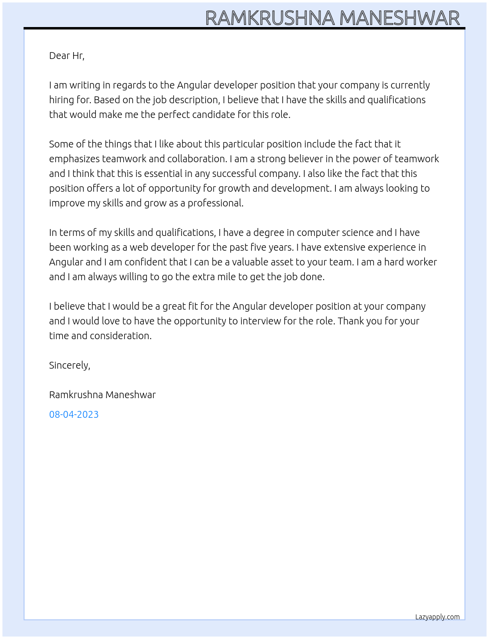Angular developer At HRM Cover Letter