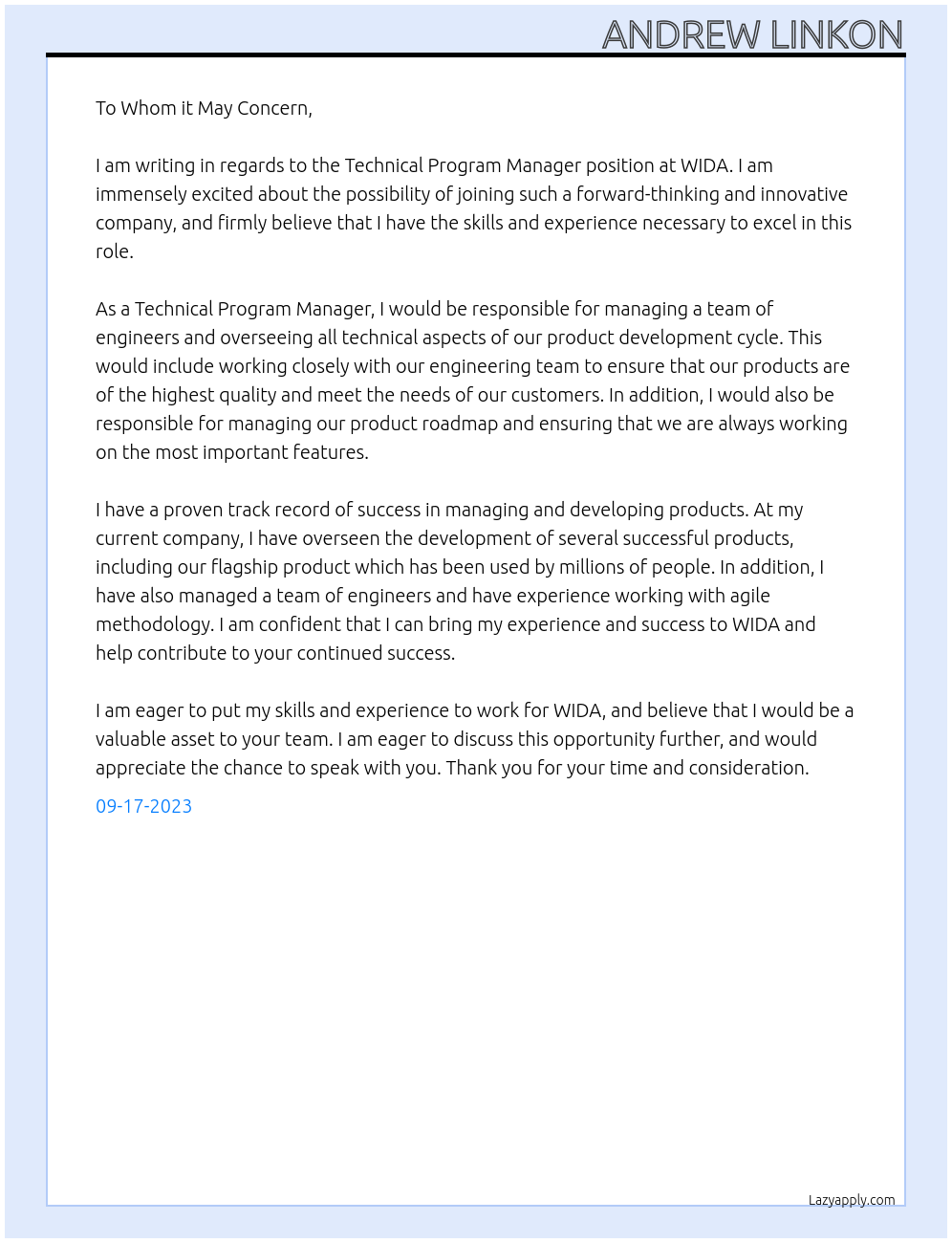 Technical Program Manager At WIDA Cover Letter