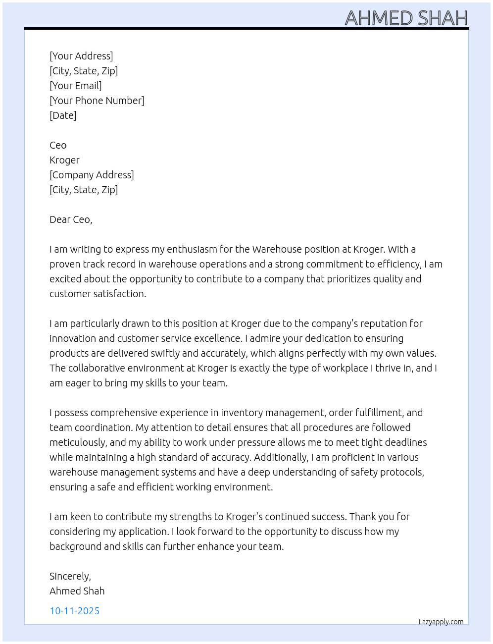 Warehouse At Kroger Cover Letter