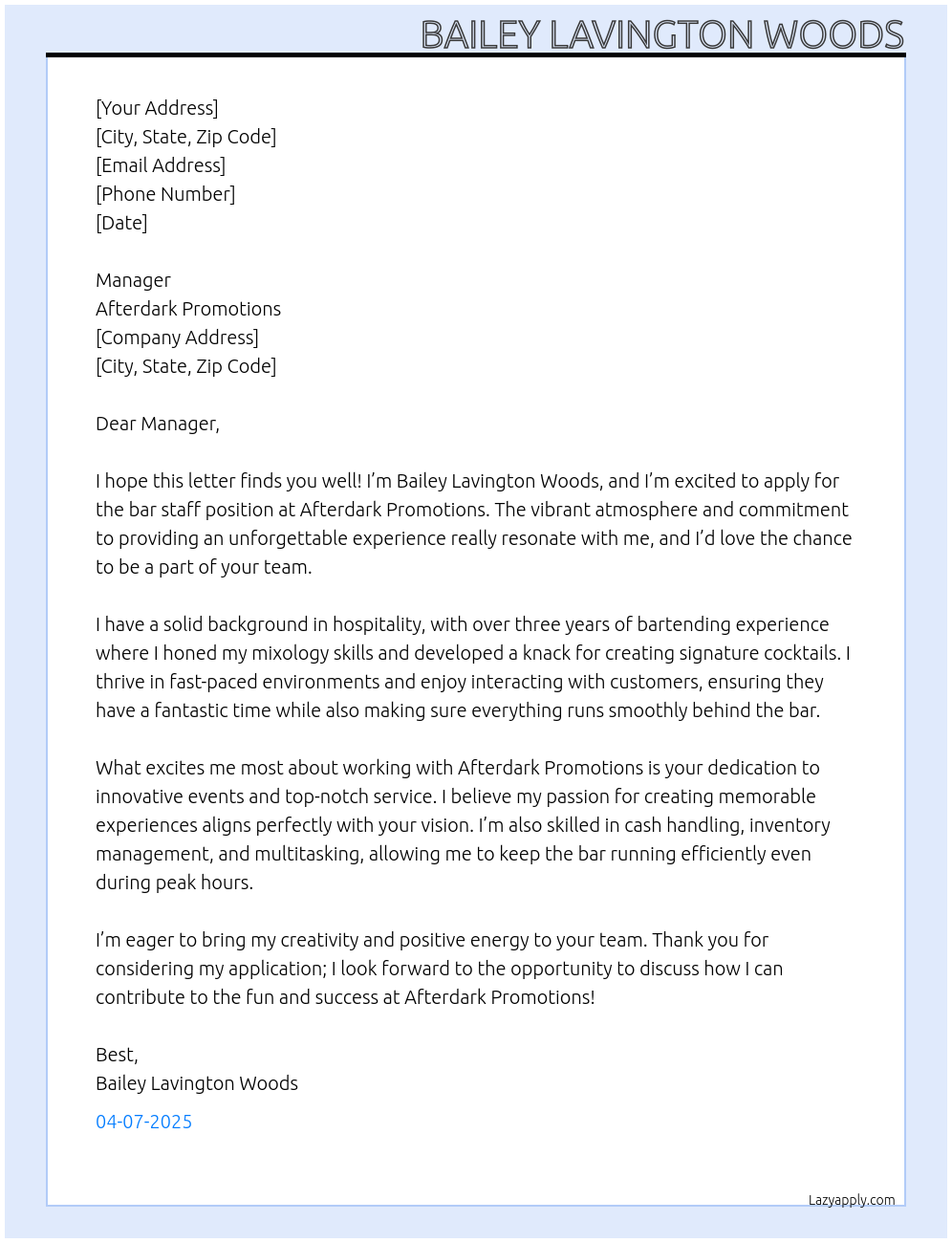 Bar staff At Afterdark Promotions Cover Letter