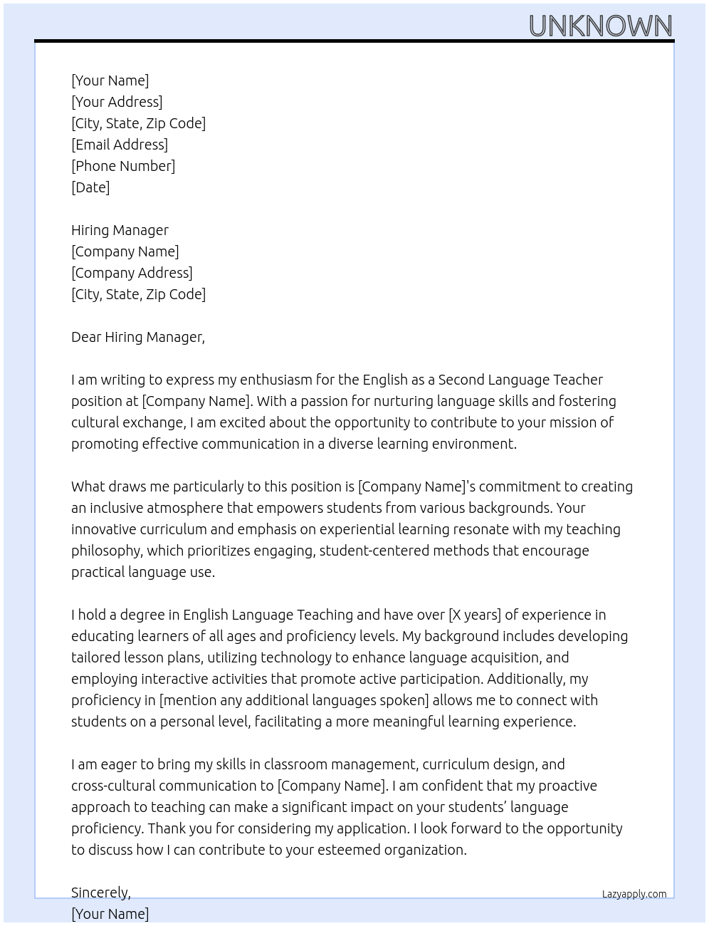 English As A Second Language Teacher At Unknown Cover Letter