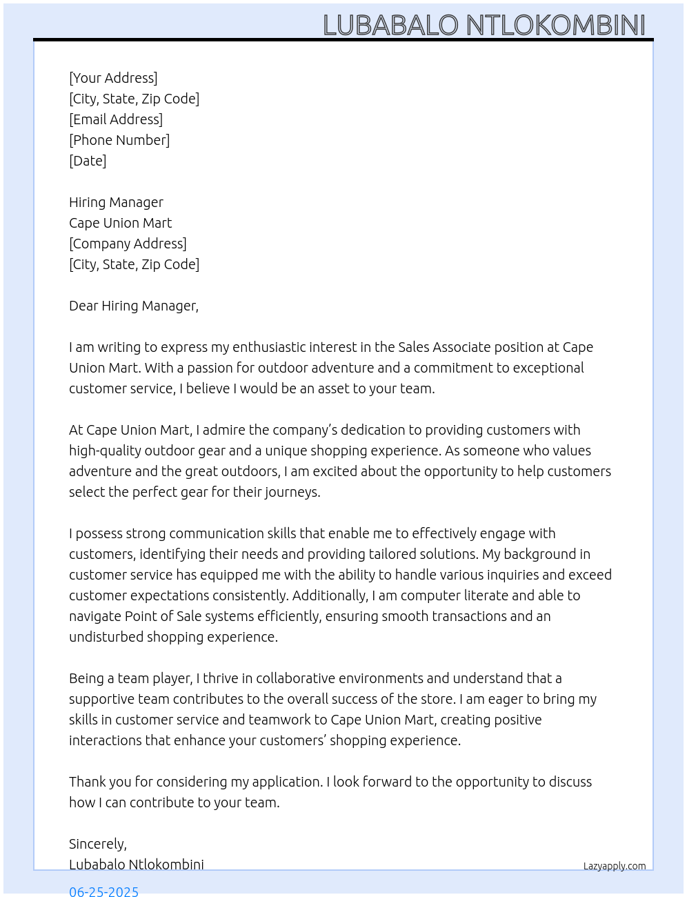 Sales Associate At Cape Union Mart Cover Letter