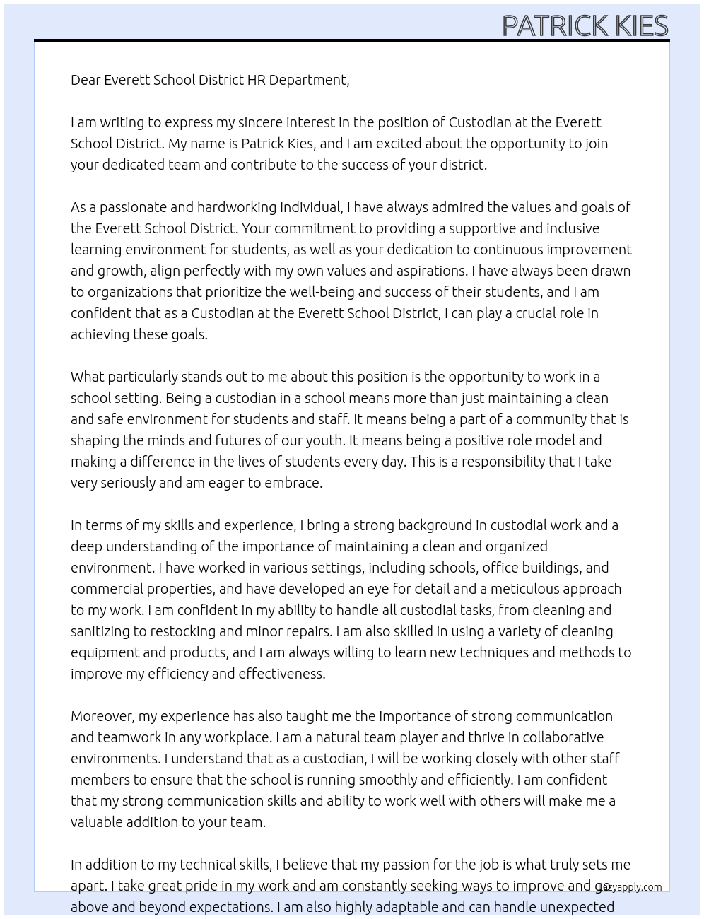 Custodian At Everett School District Cover Letter