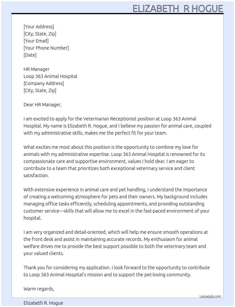 Cover letter for veterinarian receptionist - LazyApply