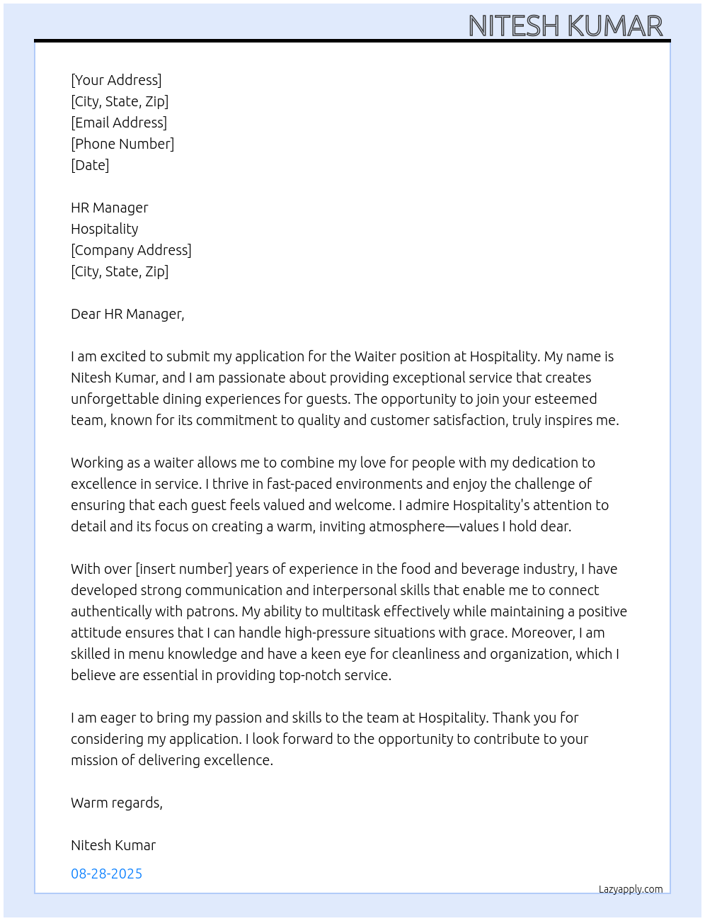 Waiter At Hospitality Cover Letter