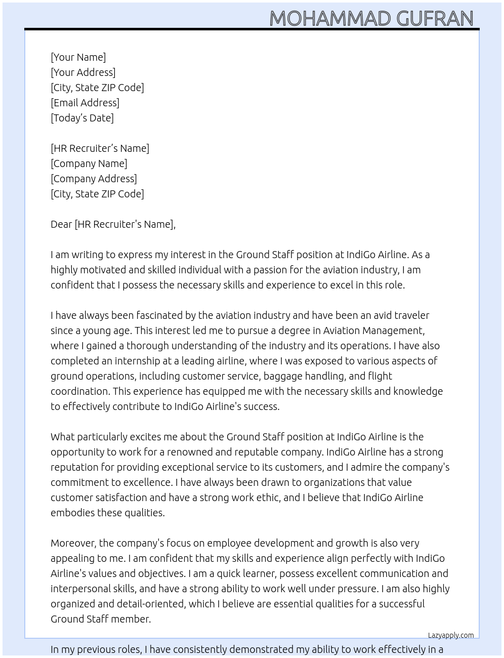 Ground staff At IndiGo Airline Cover Letter