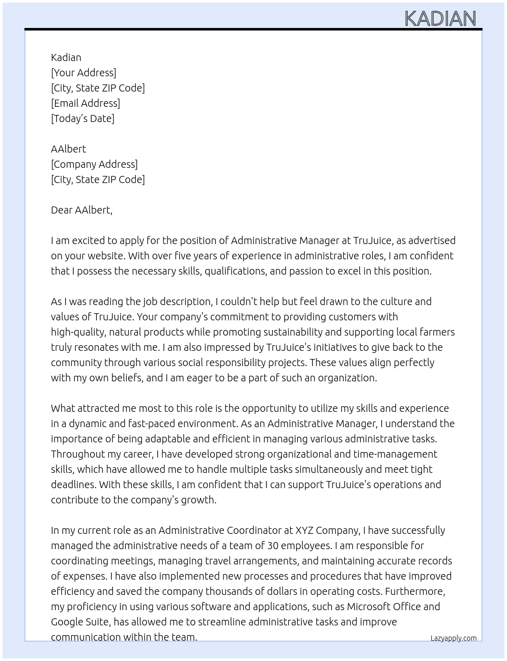 Administrative Manager At TruJuice  Cover Letter