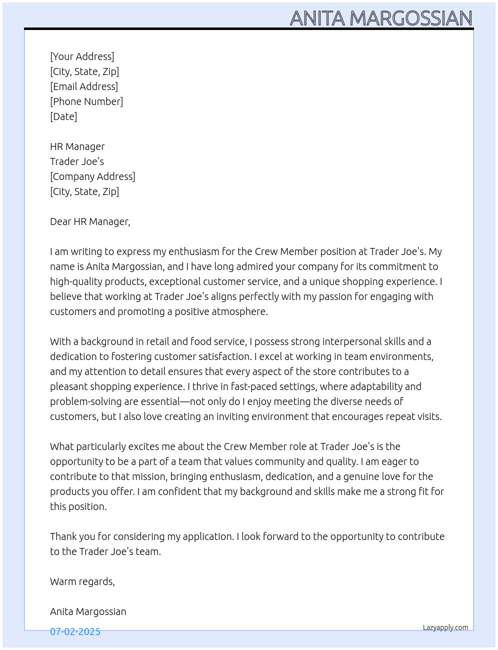 Crew member At Trader Joe's Cover Letter