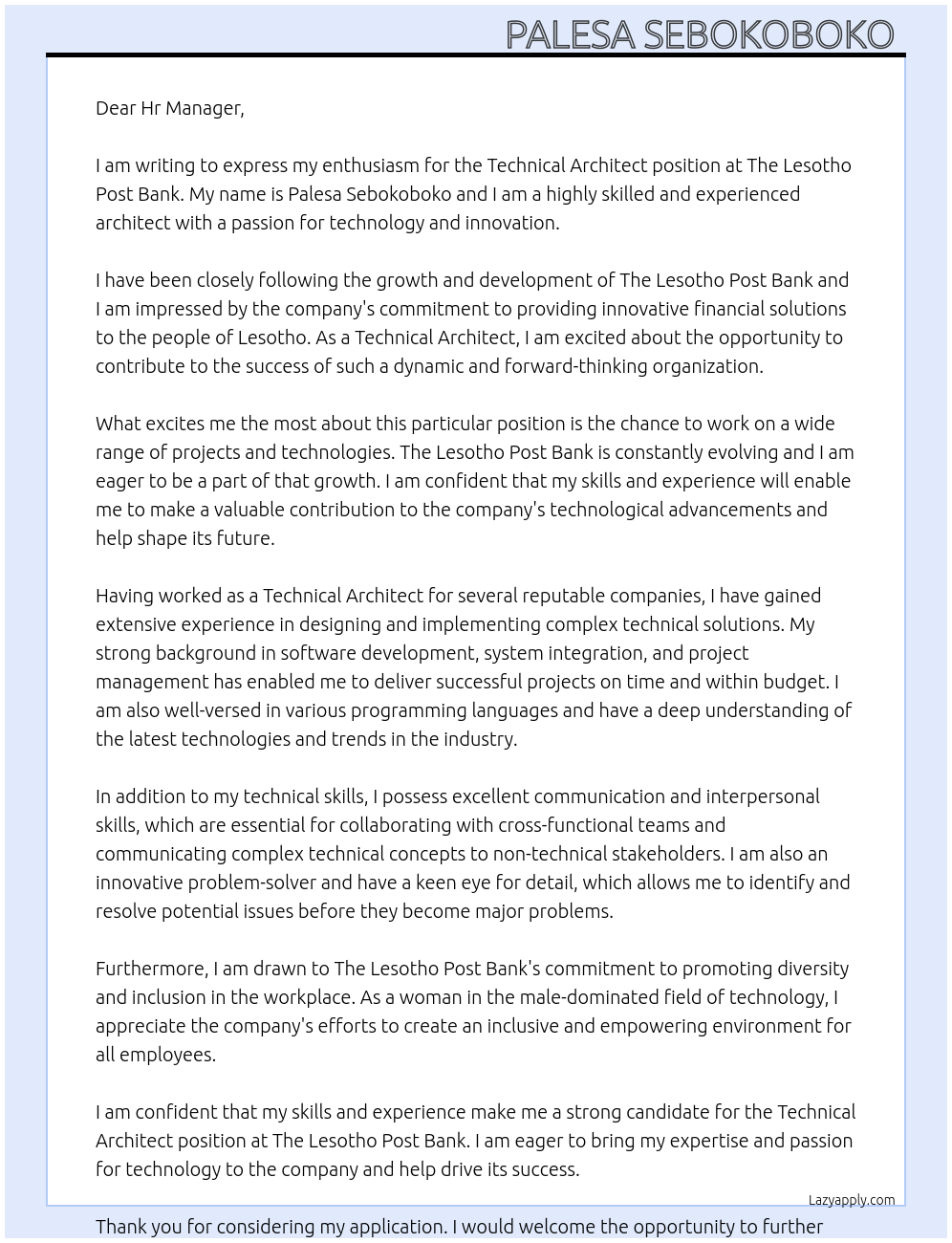 Technical Architect  At The Lesotho Post Bank  Cover Letter