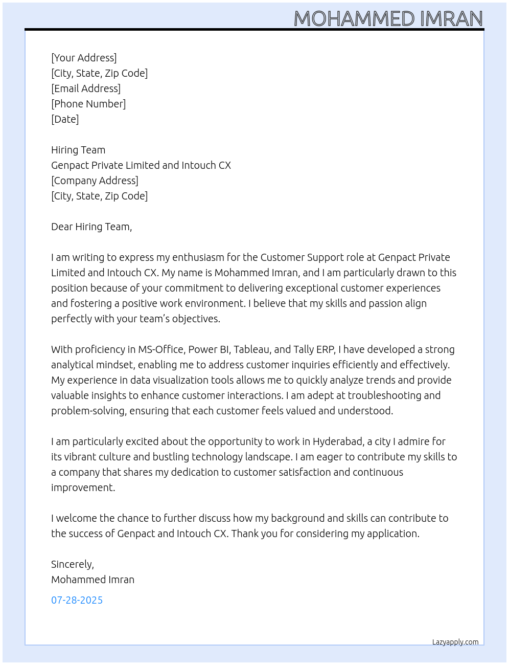 Customer support At Genpact Private Limited and Intouch CX Cover Letter