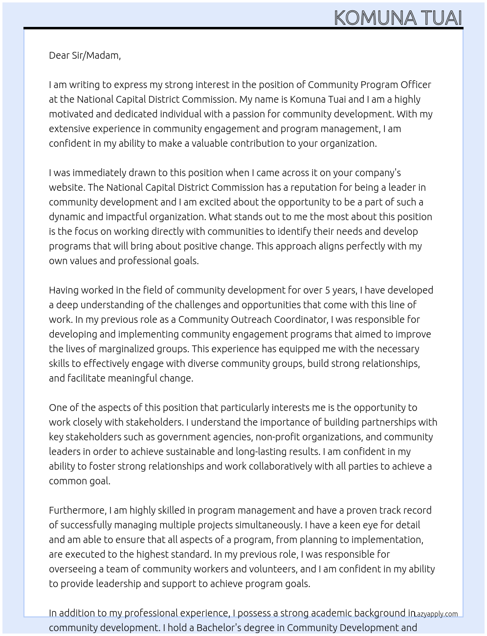 Community Program Officer At National Capital District Commission Cover Letter