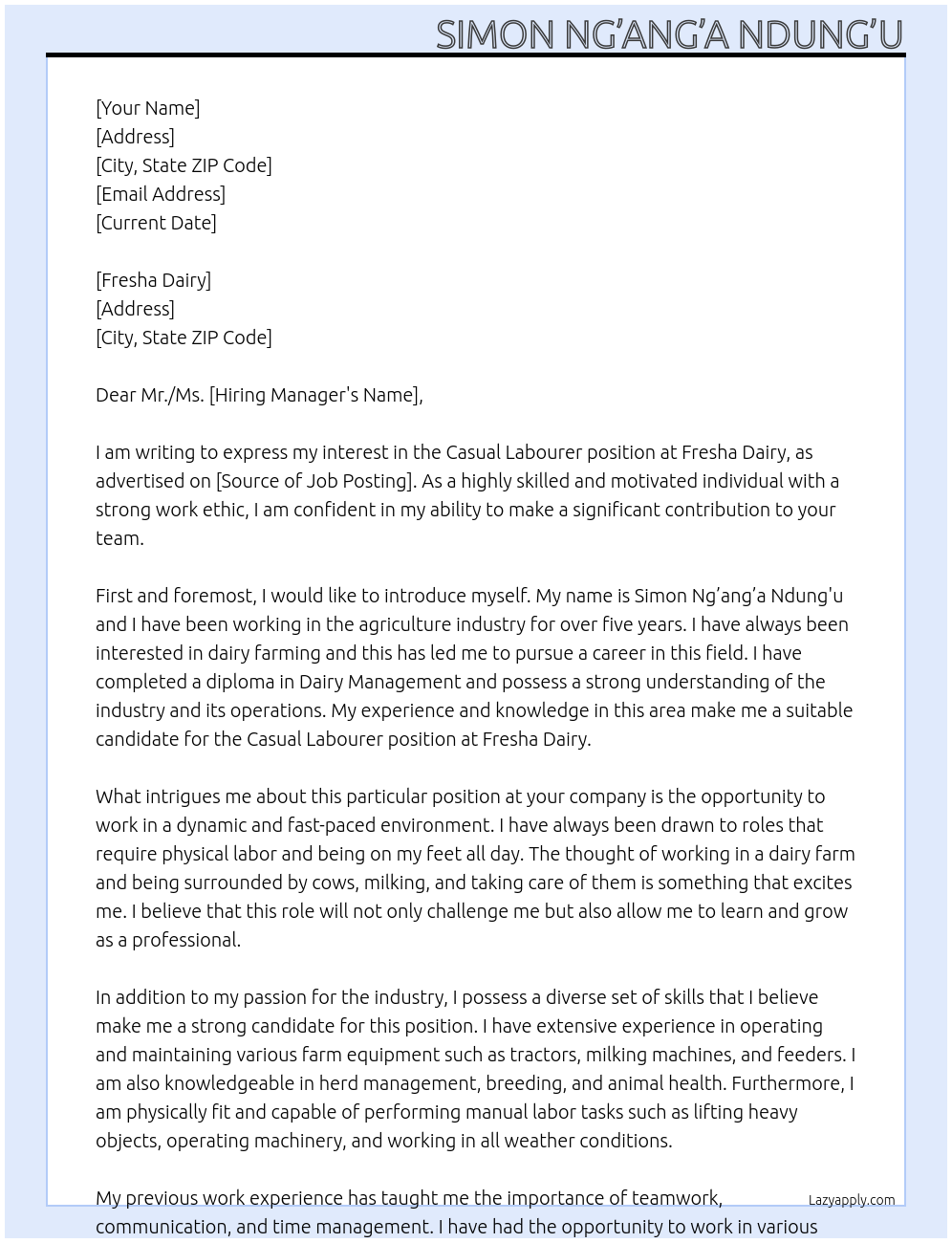 casual labourer At SIMON NG’ANG’A NDUNG’U. Cover Letter