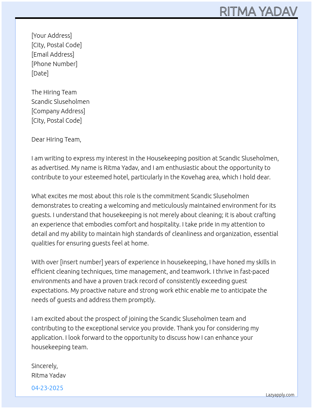 Housekeeping At Scandic Sluseholmen Cover Letter