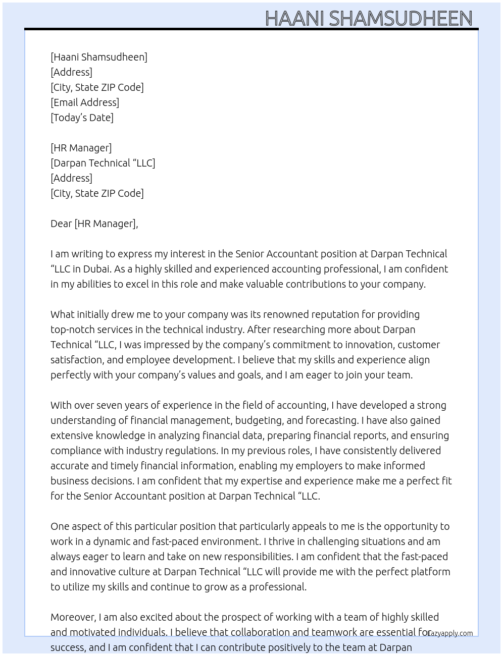 Senior Accountant At Darpan Technical “LLC Cover Letter