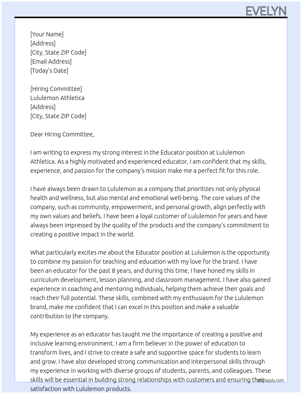 Educator At Lululemon Athletica Cover Letter