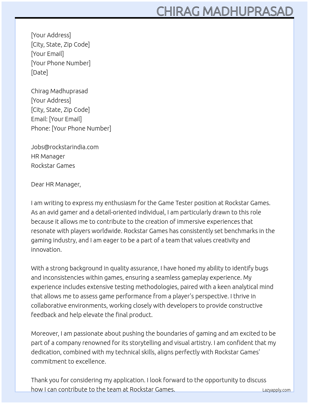 Cover letter for game tester - LazyApply