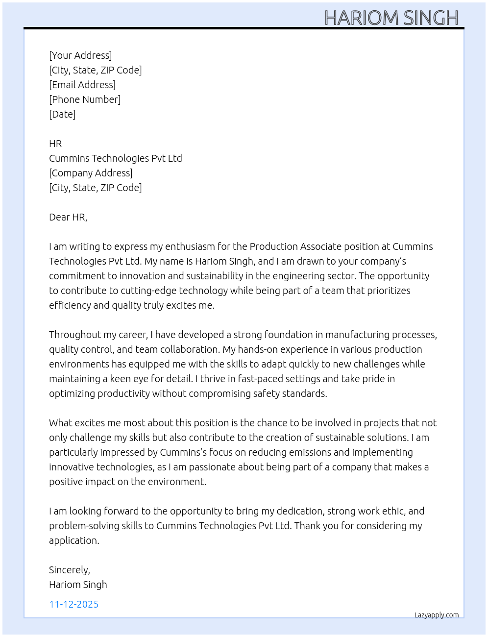 Production Associate At Cummins technologies pvt Ltd Cover Letter