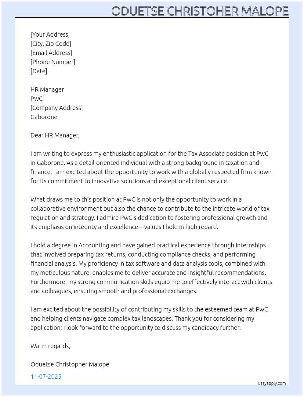 Tax Associate At PWC Cover Letter