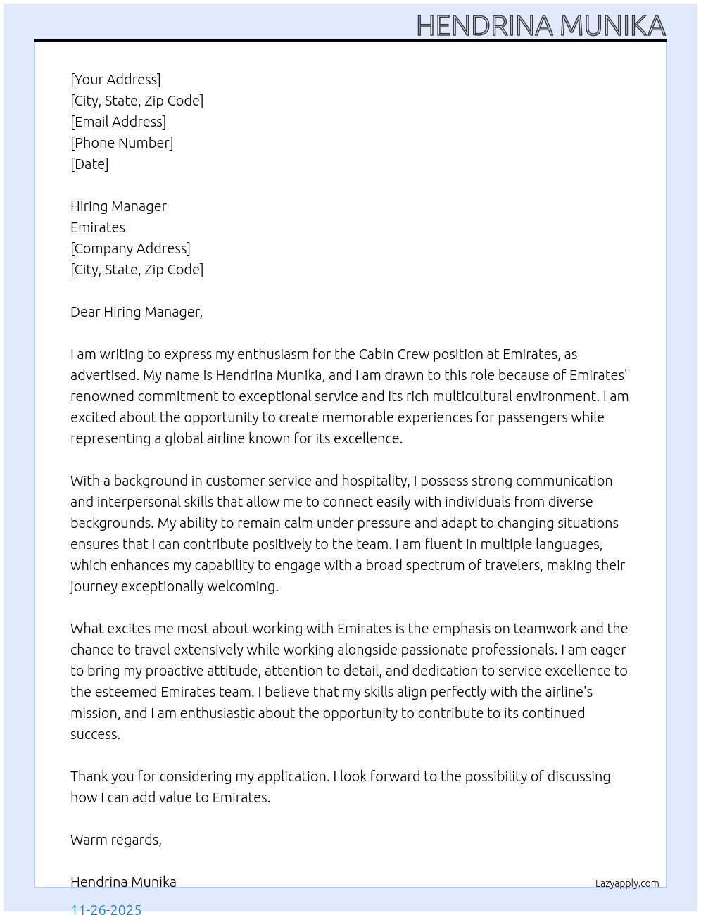 Cabin crew At Emirates Cover Letter