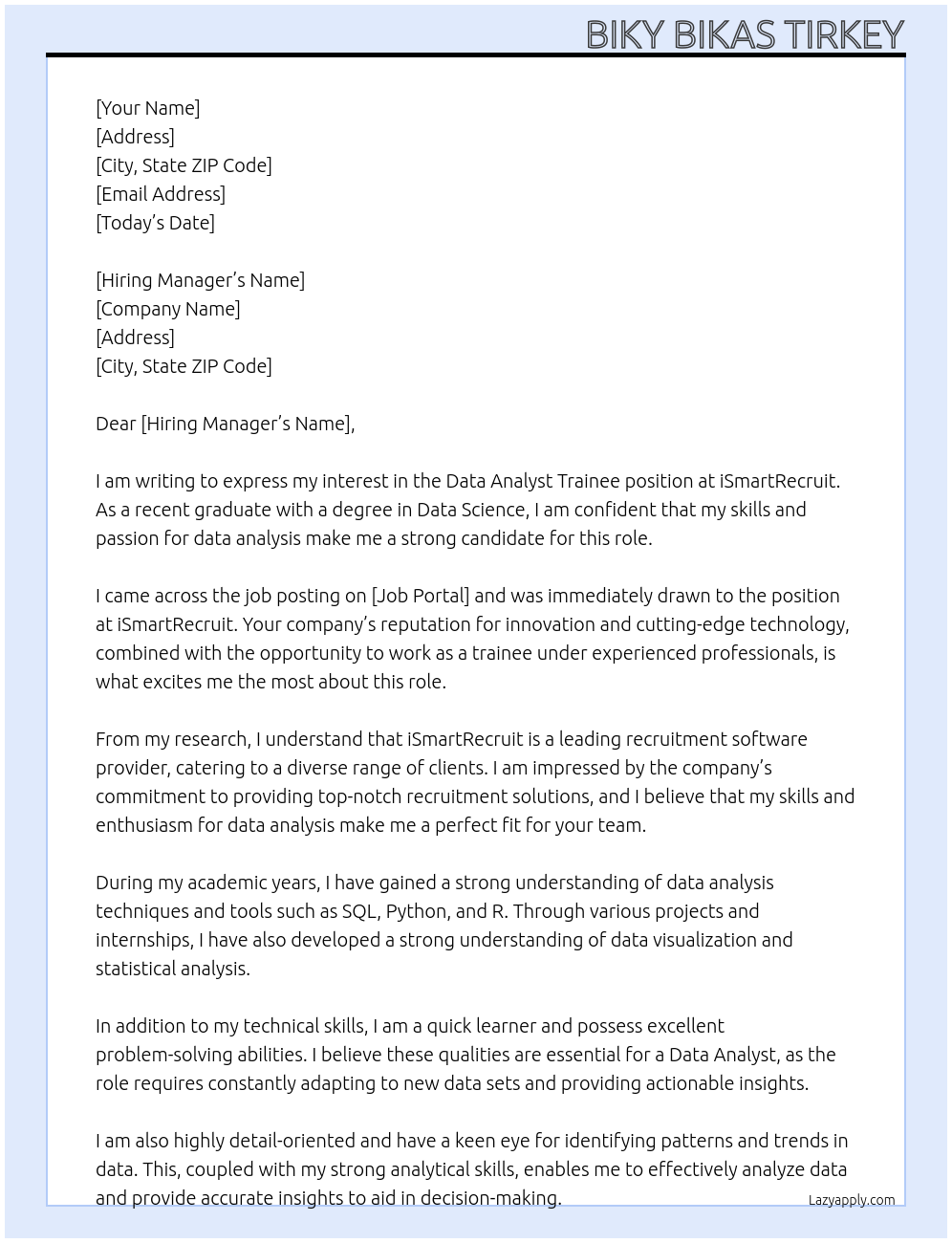 Cover letter for data analyst trainee - LazyApply