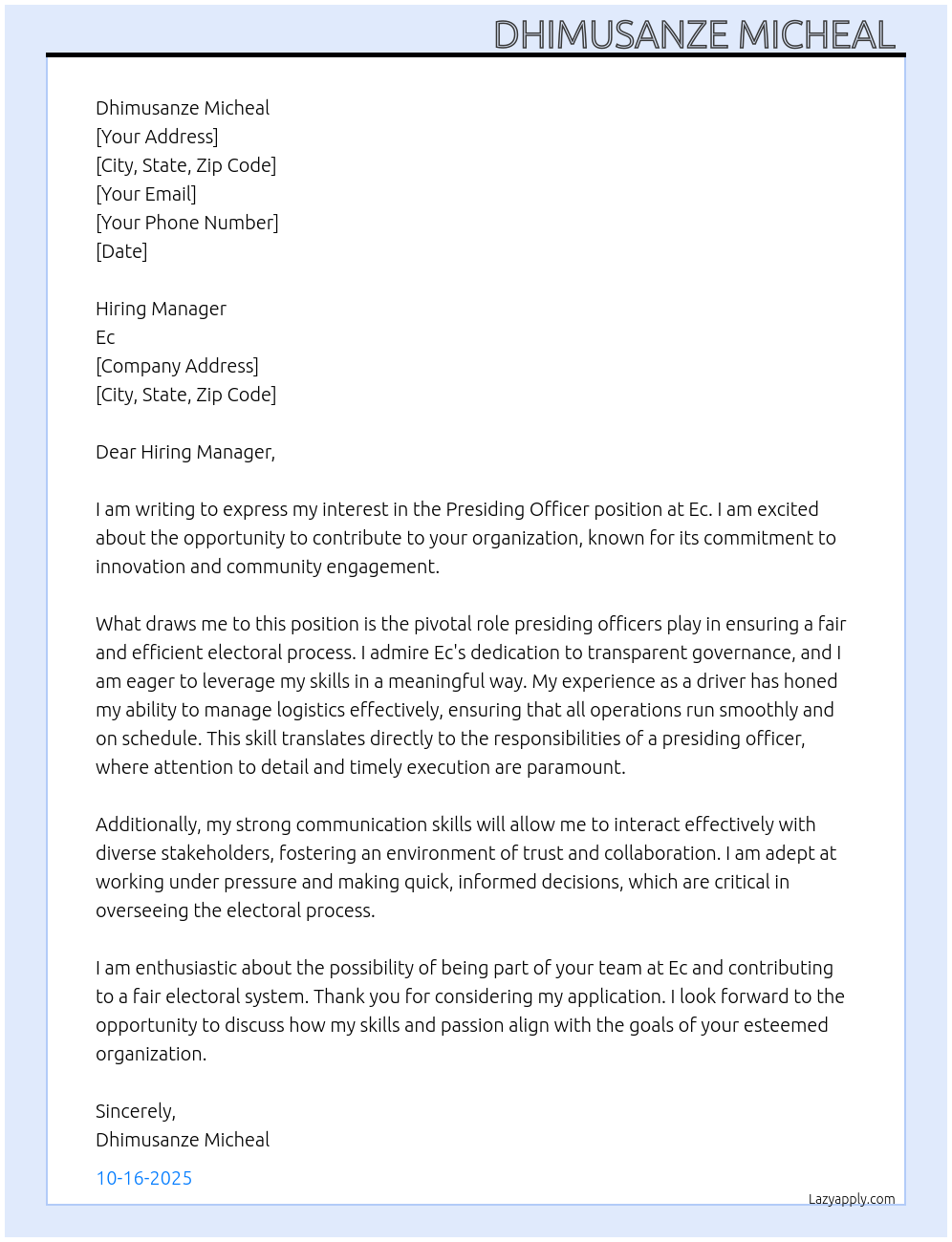 Presiding officer At Ec Cover Letter