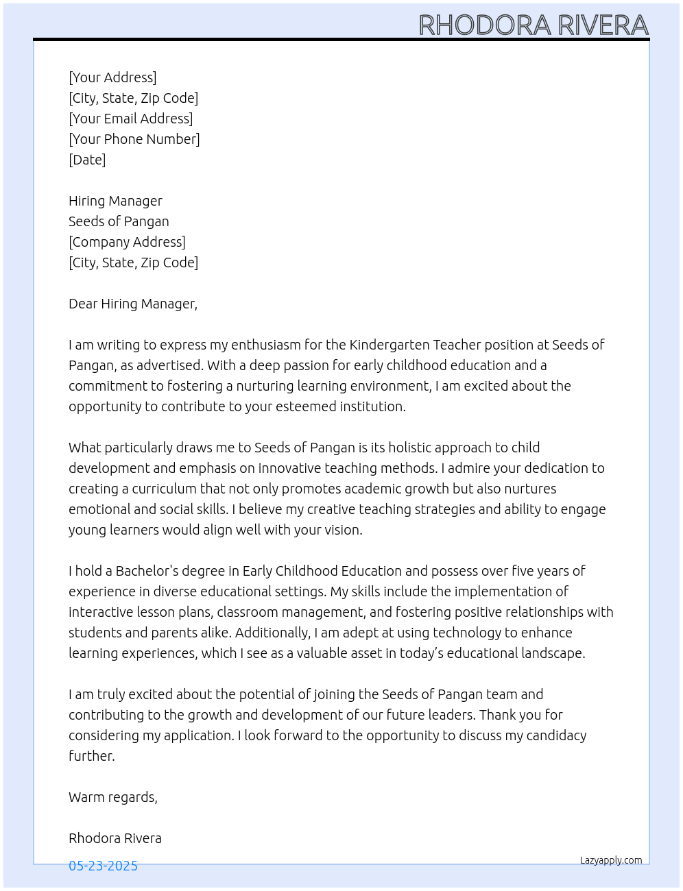 Kindergarten Teacher At Seeds of Pangan Cover Letter