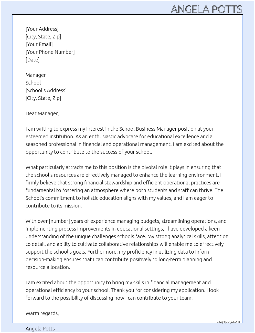 Cover letter for school business manager - LazyApply