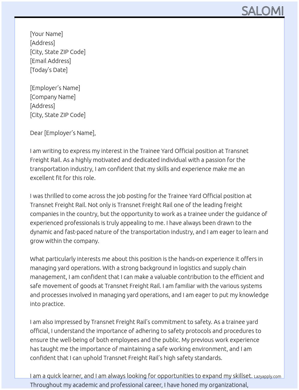 Trainee yard official At Transnet freight rail Cover Letter