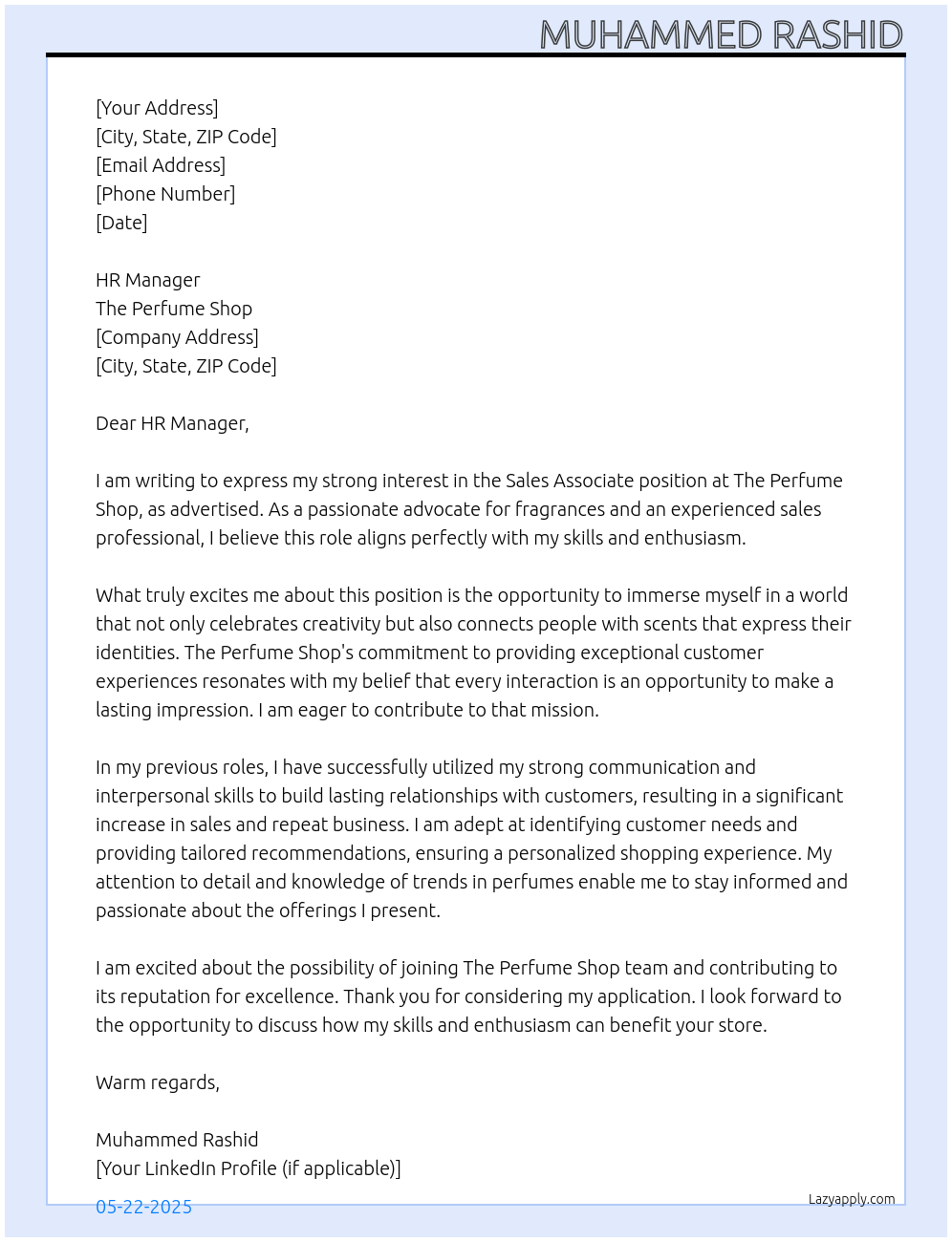 Sales Associate At The Perfume Shop Cover Letter