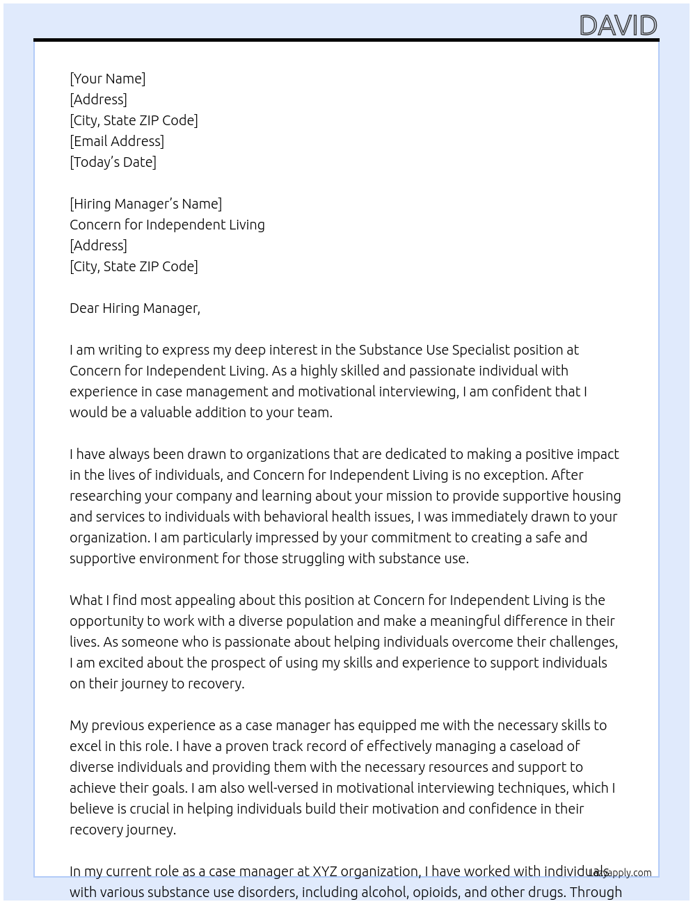 Substance use specialist At Concern For Independent Living Cover Letter