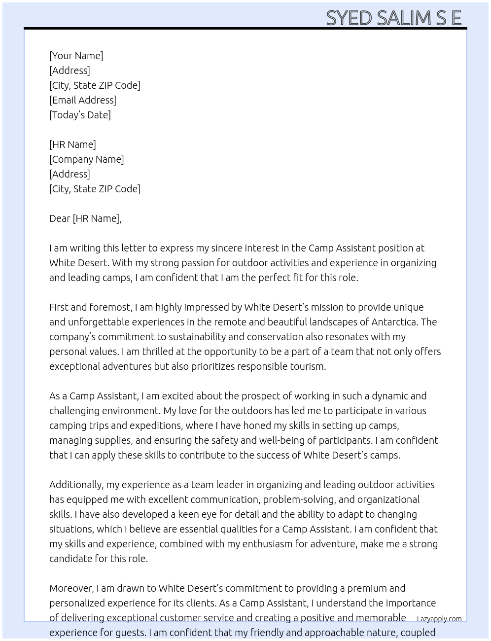 Camp Assistant At white desert Cover Letter