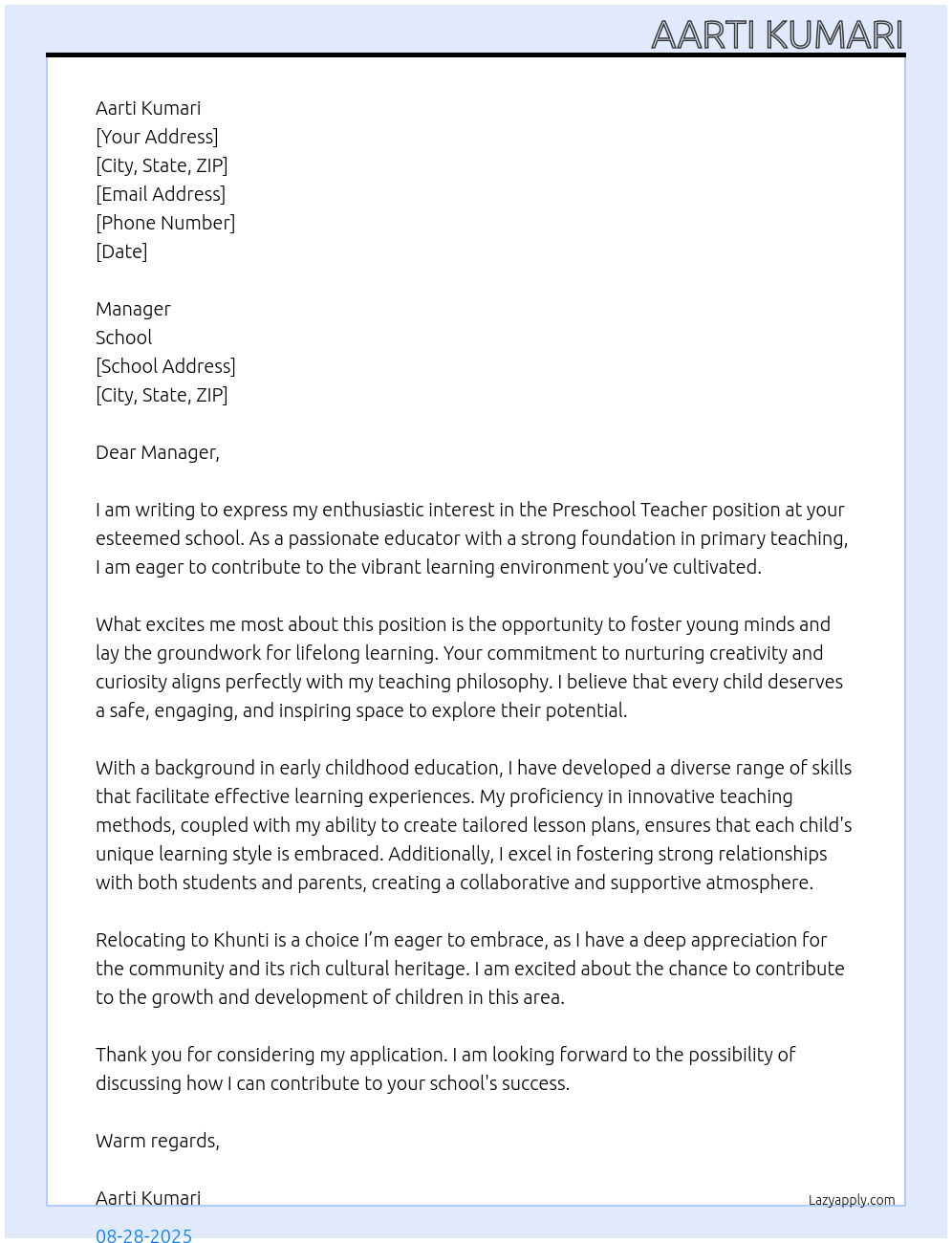 Pre school teacher At School Cover Letter