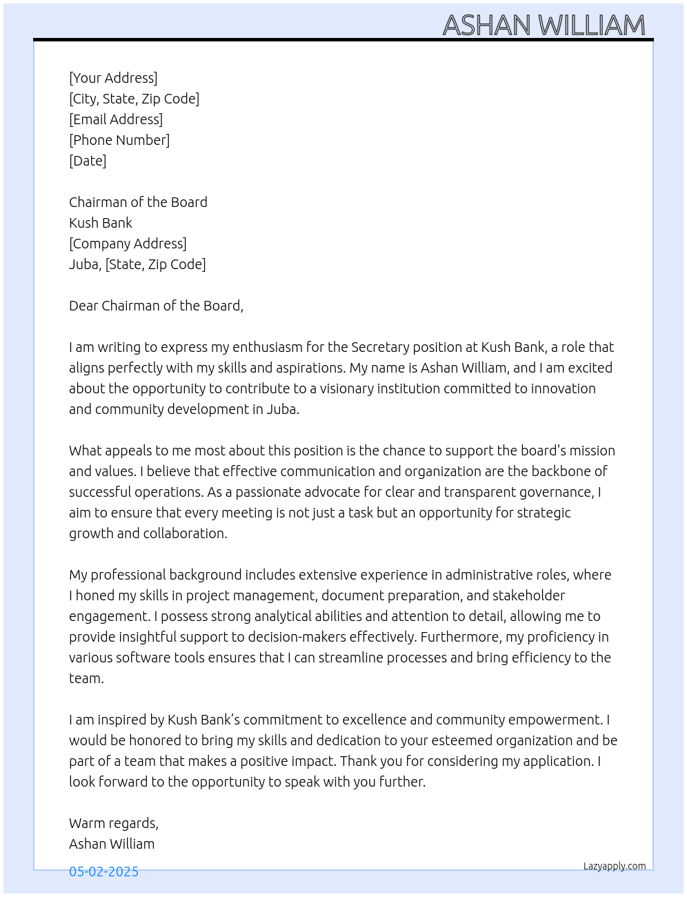 Secretary At Kush Bank Cover Letter