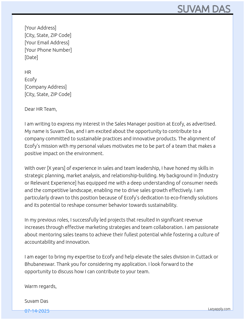 Sales manager At Ecofy Cover Letter