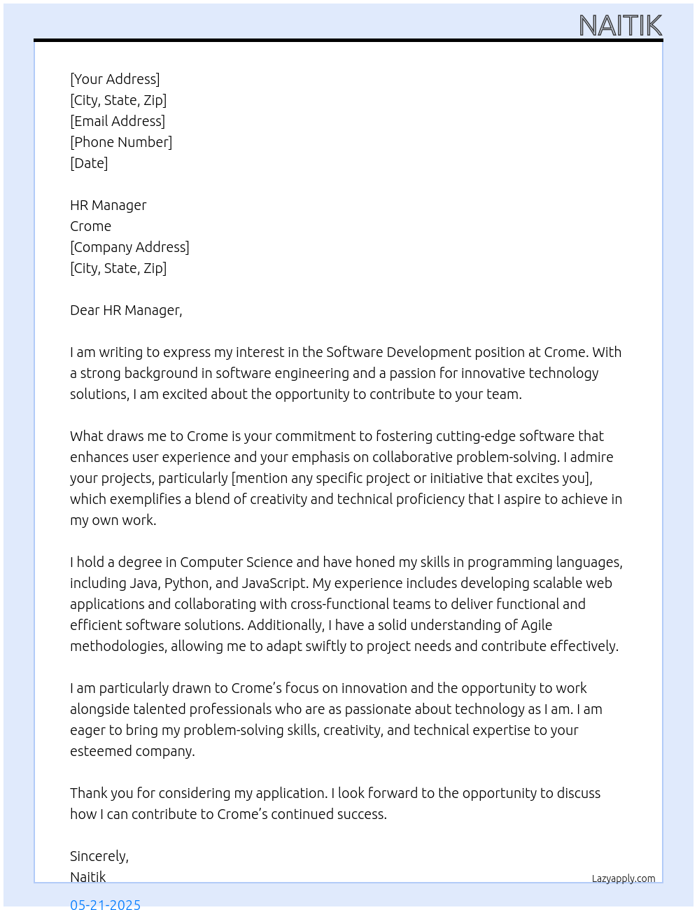 software development At crome Cover Letter