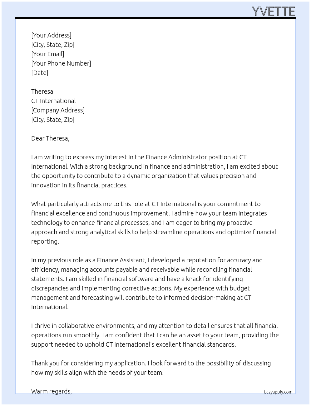Finance Administrator At CT International Cover Letter