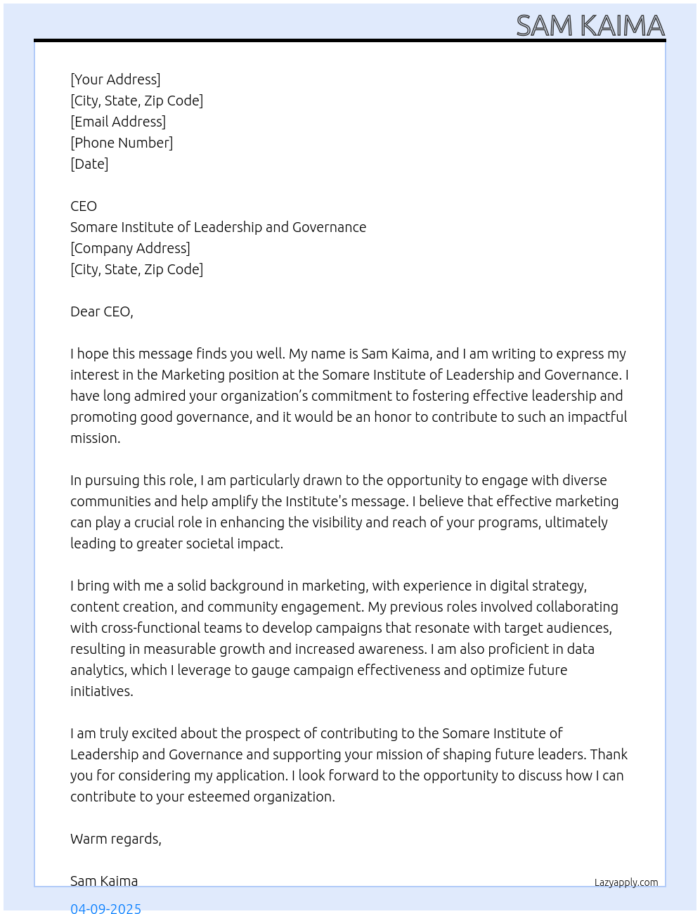 Marketing At Somare Institute of Leadership and Governance Cover Letter
