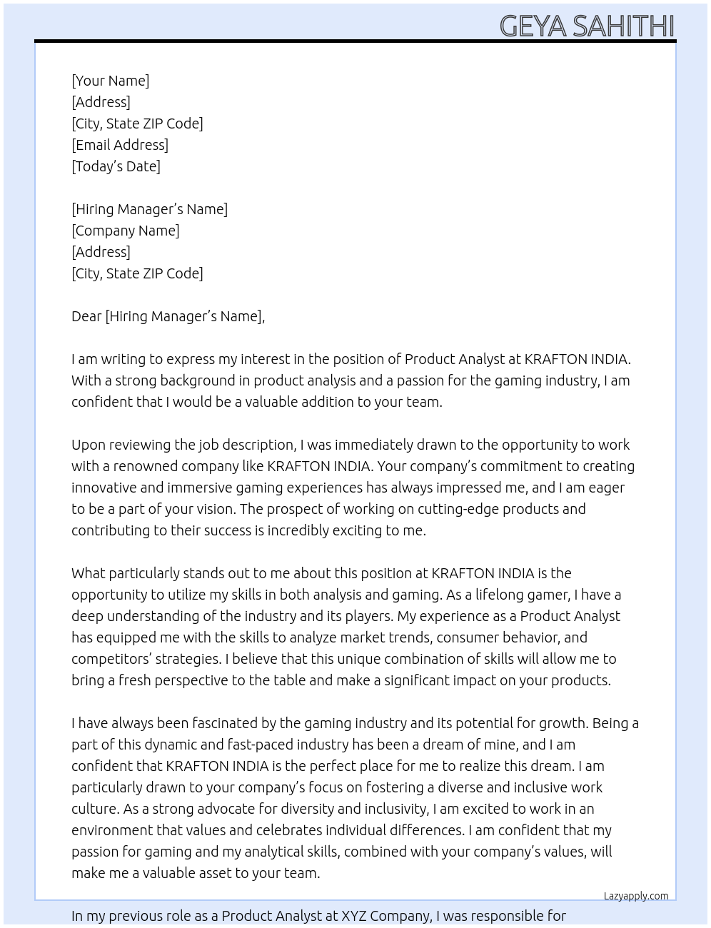 Product Analyst At KRAFTON INDIA Cover Letter