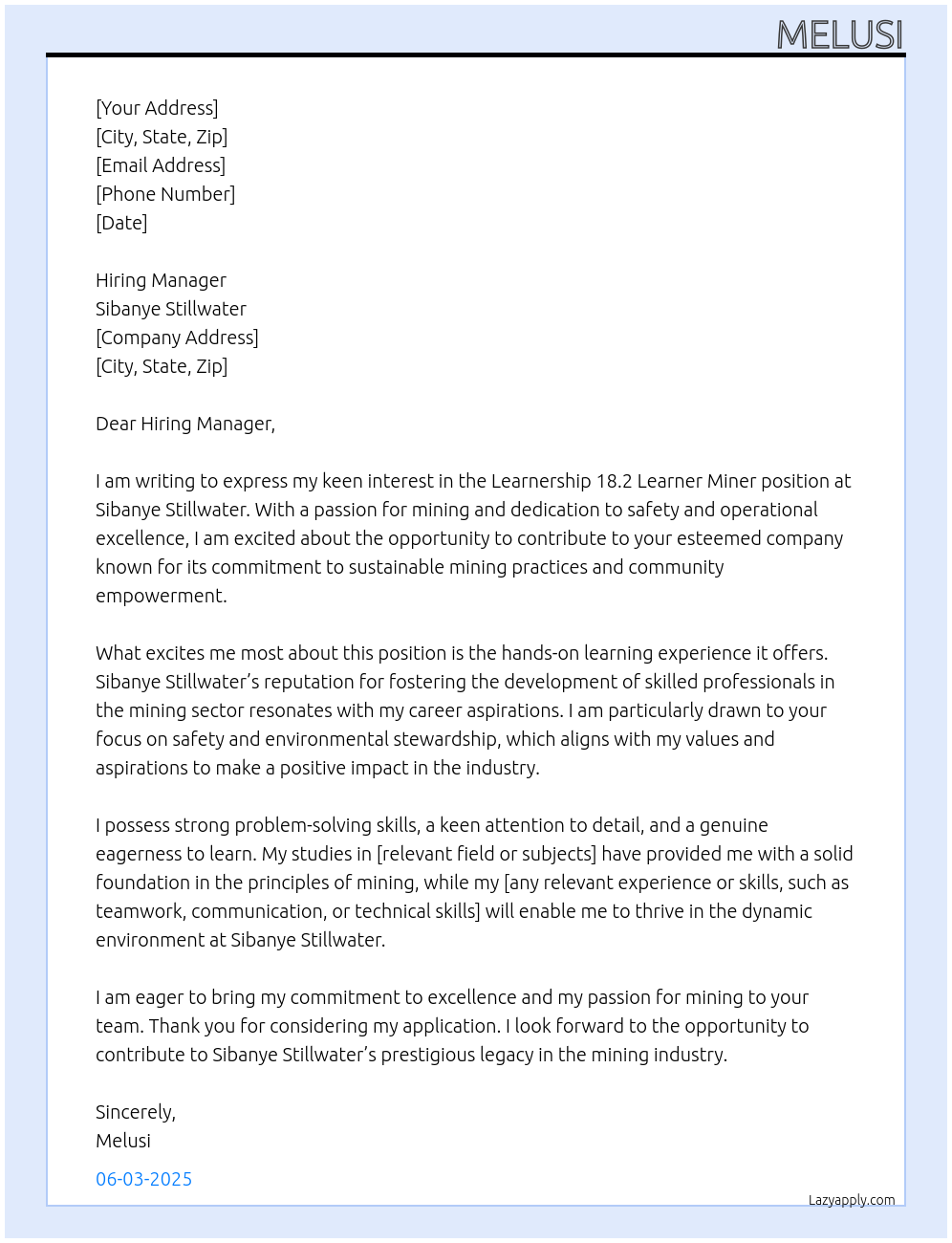 Learnership 18.2 learner miner At Sibanye stillwater Cover Letter