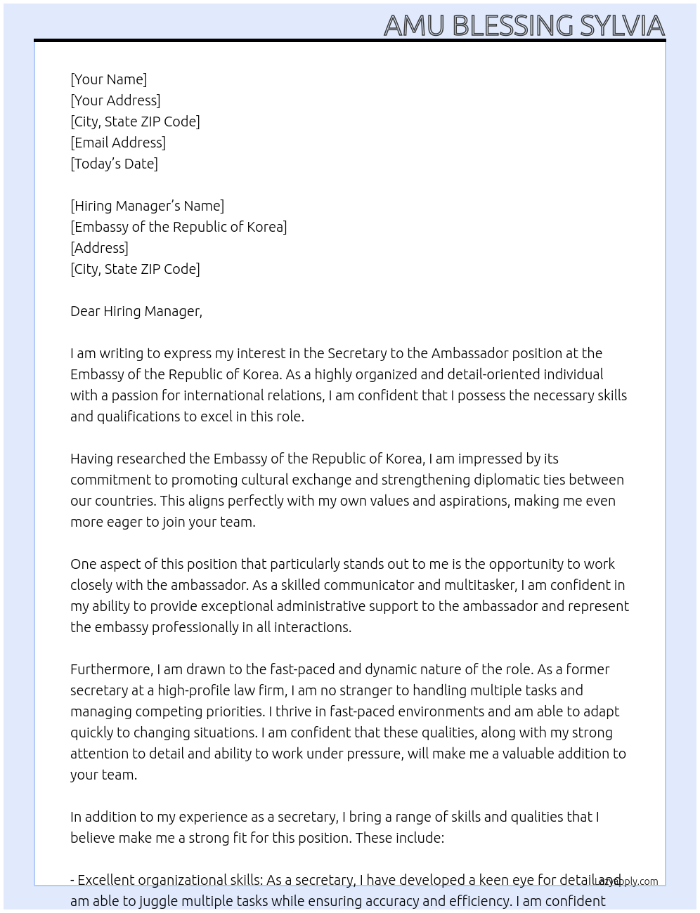 Secretary to the ambassador At Embassy of the republic of korea Cover Letter