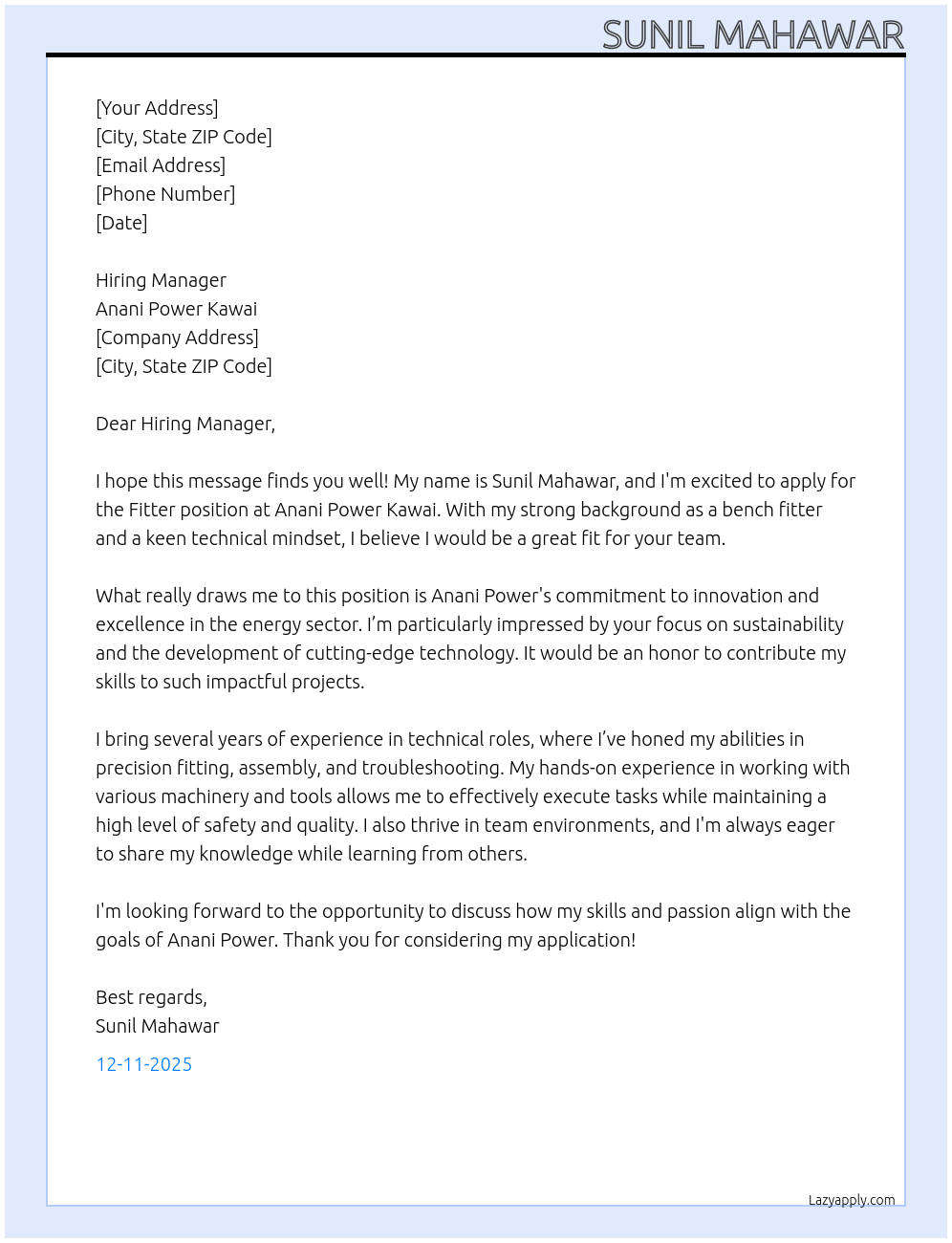 Cover letter for fitter - LazyApply
