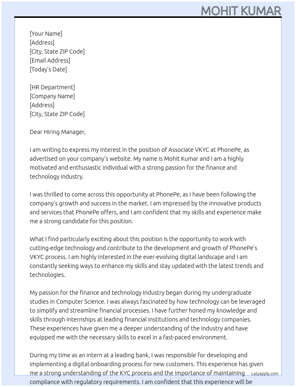 Associate vkyc At Phone pay Cover Letter