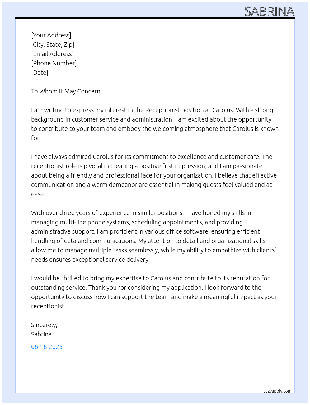 Receptionist At Carolus Cover Letter