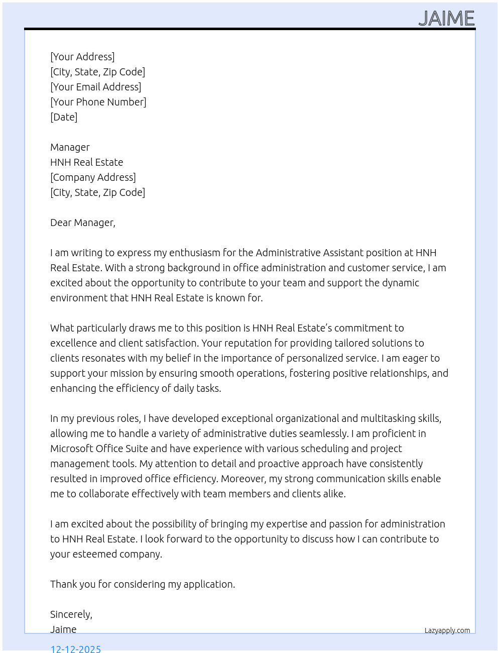 Cover letter for Administrative Assistant - LazyApply