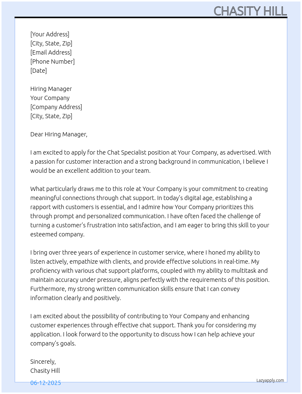 Chat Specialist At Your Company Cover Letter